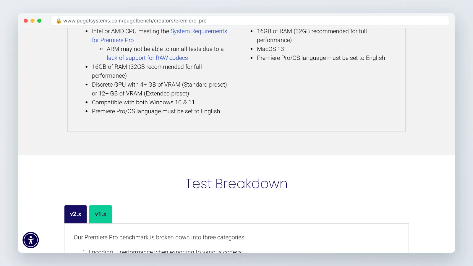 Puget Systems PugetBench for Premiere Pro page showing system requirements including VRAM