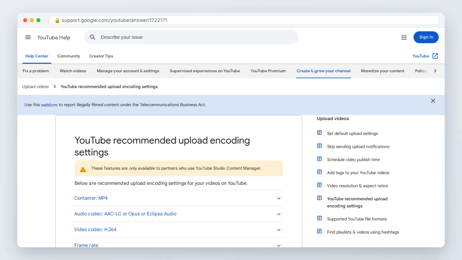YouTube screen: Recommended upload encoding settings page and YouTube Studio upload screen for the finished file