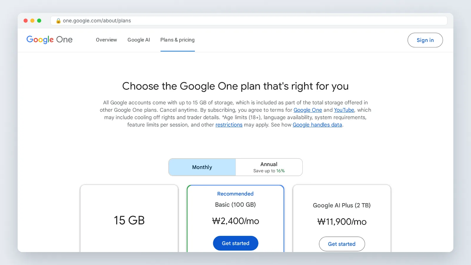 Google storage plans page showing the 15 GB free allowance shared across Google services