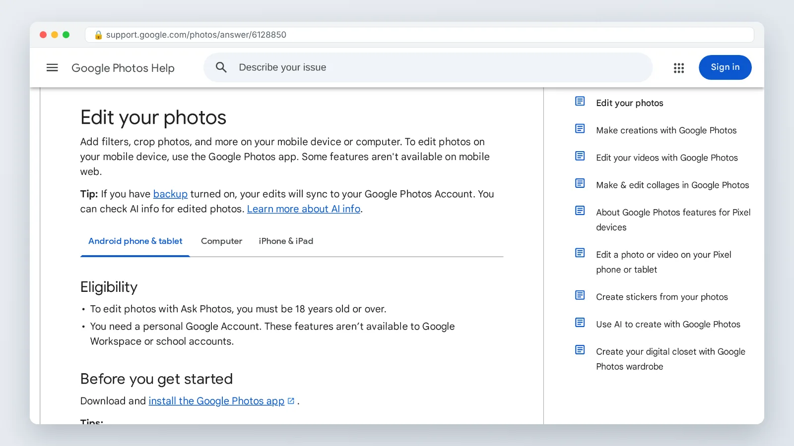 Google Photos Help page showing video editing instructions and the crop tool for Android