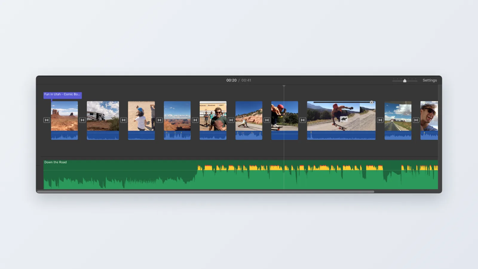 iMovie for Mac screen: New Movie project timeline: split clips, detach audio, add titles and transitions