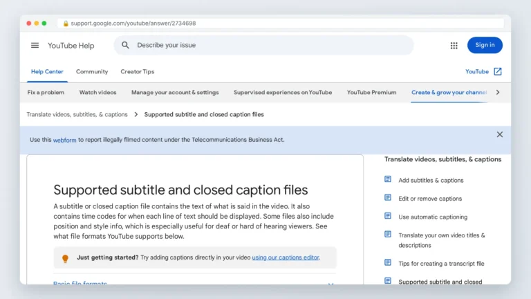 YouTube Help page showing supported caption file formats including SubRip .srt
