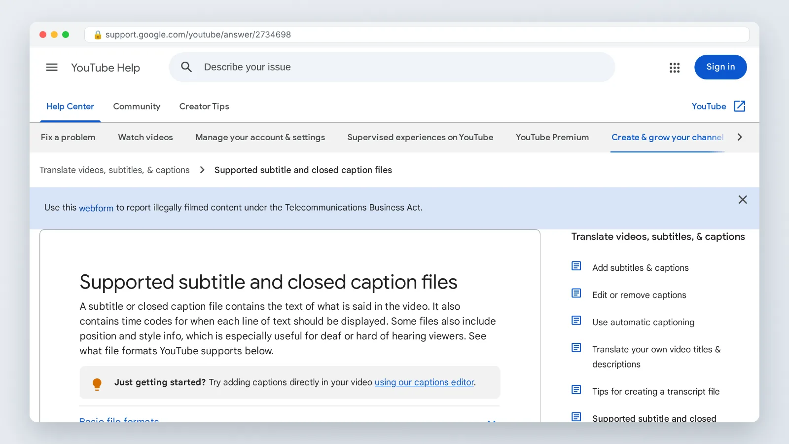 YouTube Help page showing supported caption file formats including SubRip .srt