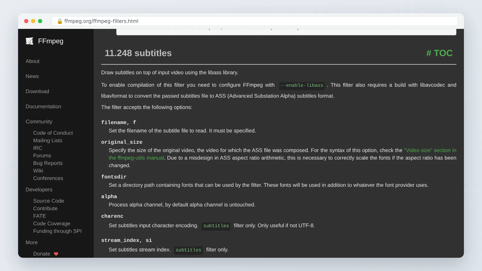 FFmpeg documentation page for the subtitles filter mentioning the --enable-libass build requirement