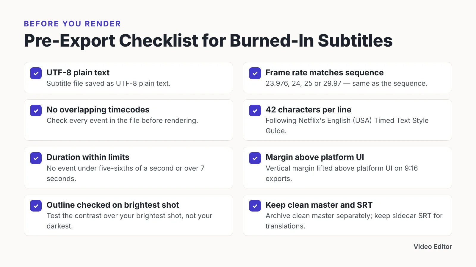 Checklist graphic listing eight pre-render subtitle checks including UTF-8, frame rate and 42 characters