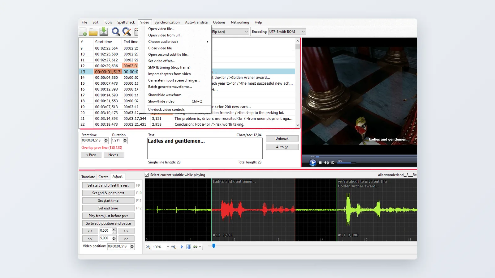 Subtitle Edit main window: Video menu expanded over subtitle list, with video preview and waveform panels