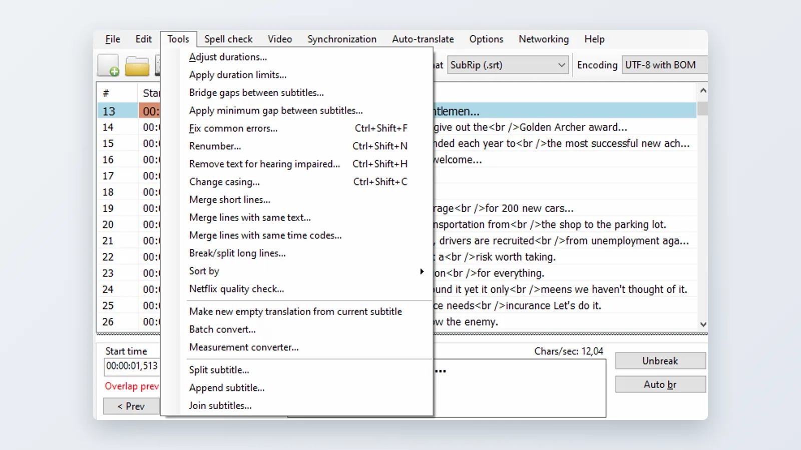 Subtitle Edit Tools menu expanded showing Fix common errors, Adjust durations, Change casing and Merge short lines