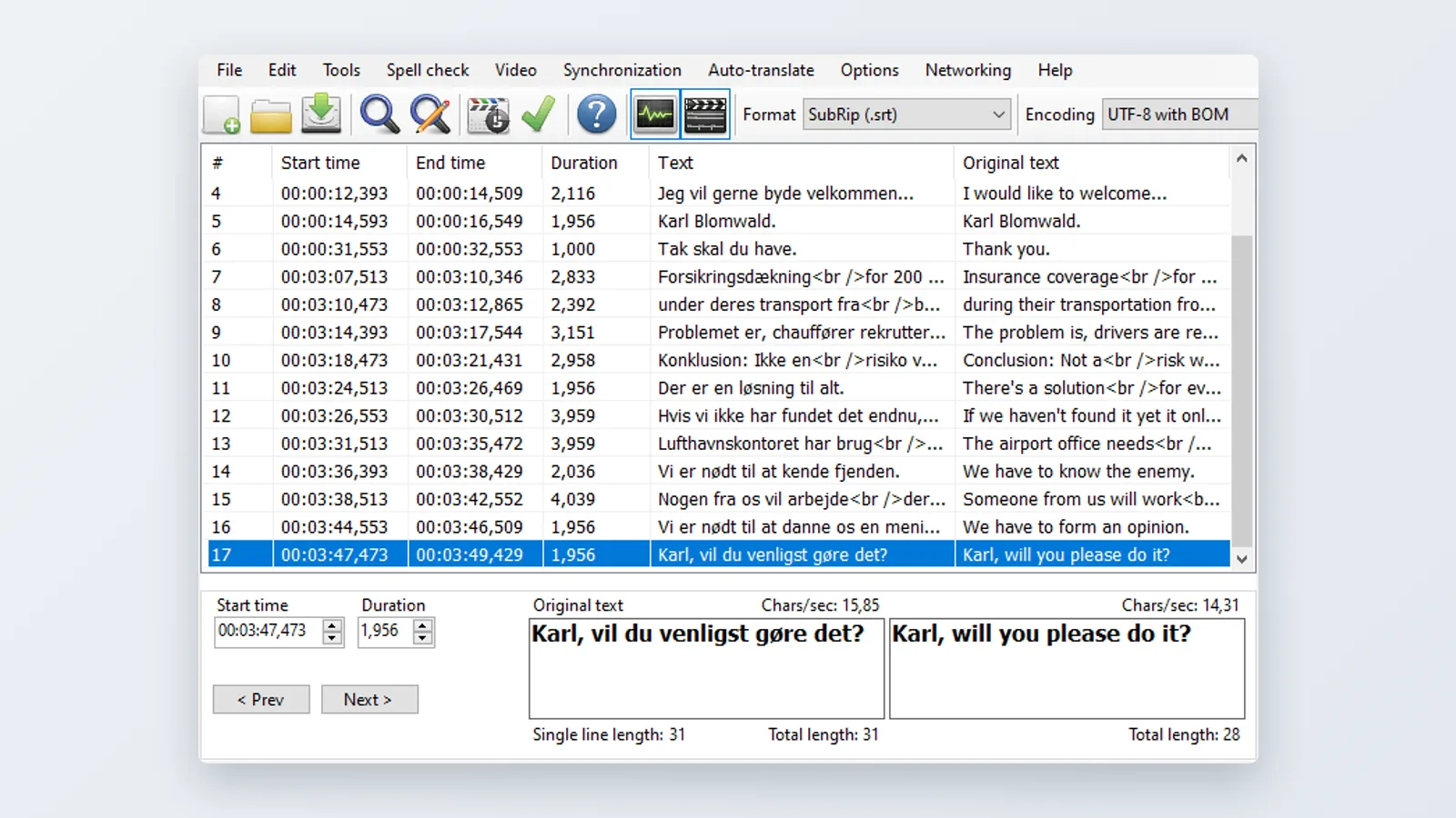 Subtitle Edit main window with Format dropdown set to SubRip (.srt), Encoding UTF-8 with BOM and subtitle list