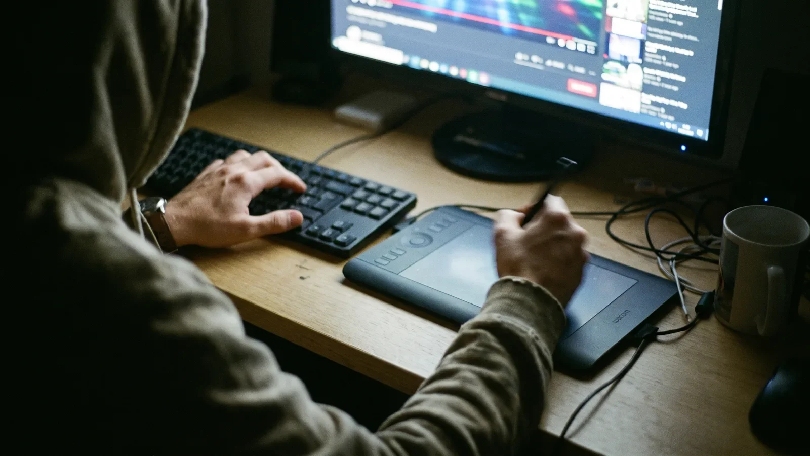 Editor's hands: stylus tracing a mask on a pen tablet, other hand on keyboard arrow keys
