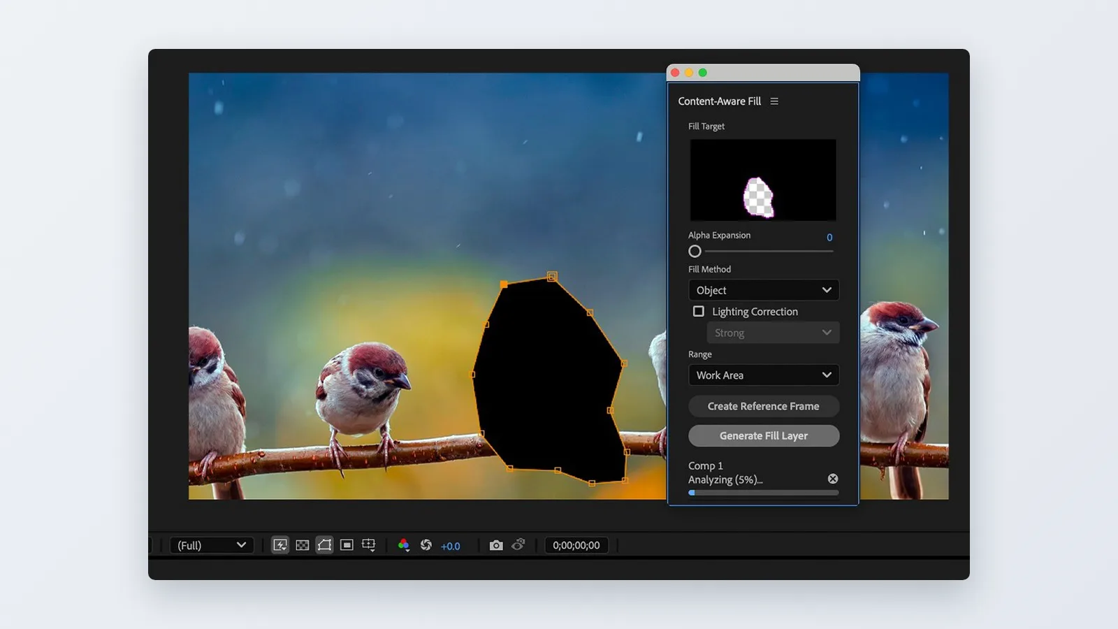 Adobe After Effects screen: Content-Aware Fill panel: choose Fill Method and Range, click Generate Fill Layer