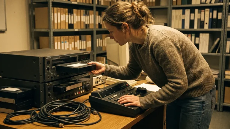 Editor loading a videotape cassette into one of two stacked tape decks in a small edit room