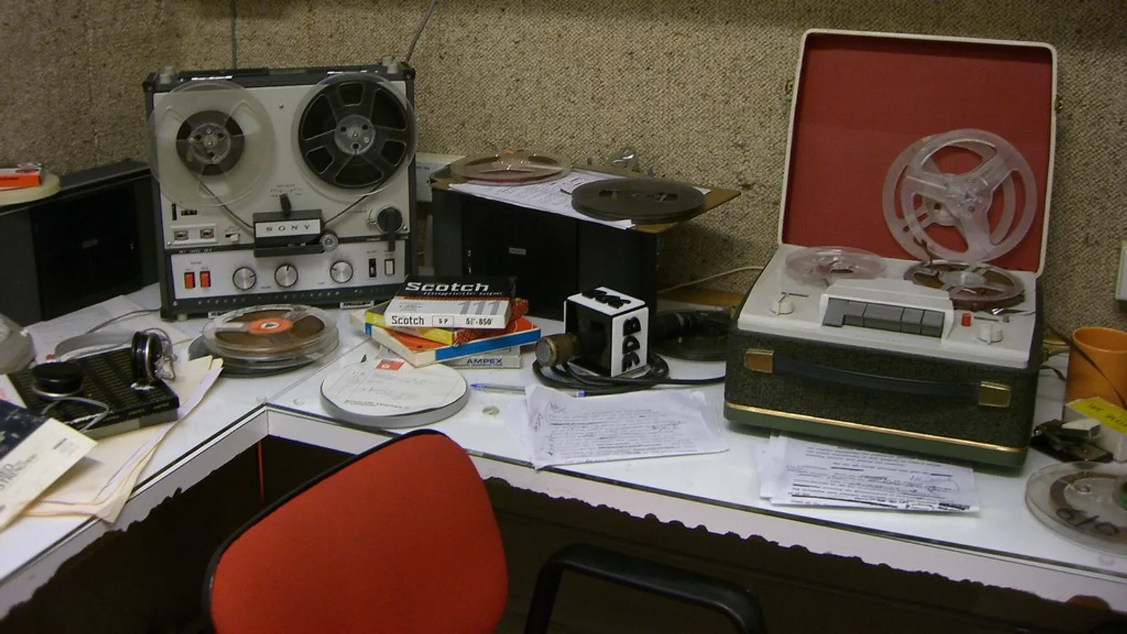 Rack of video tape recorder decks used for linear tape-to-tape editing