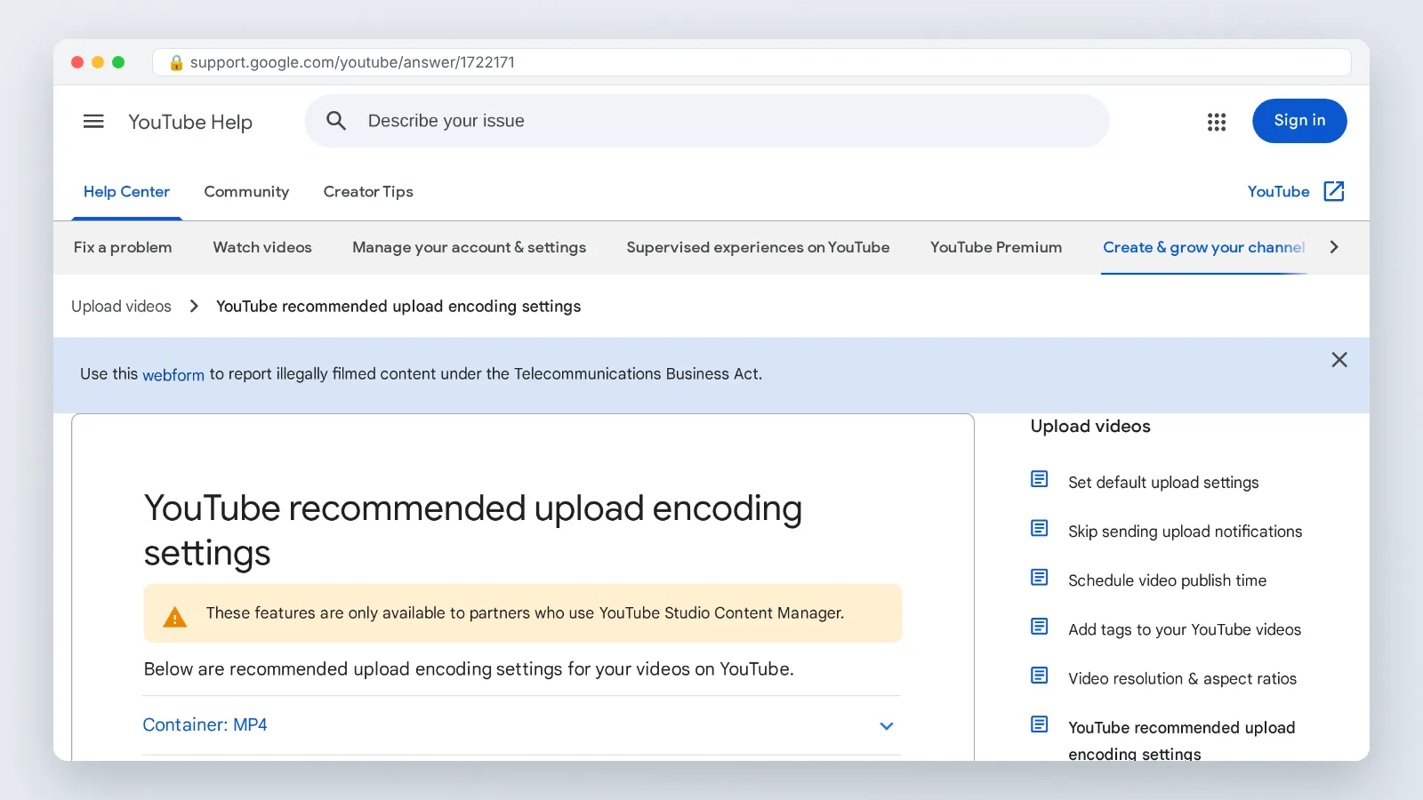 YouTube Help page showing recommended upload encoding settings and frame rate guidance