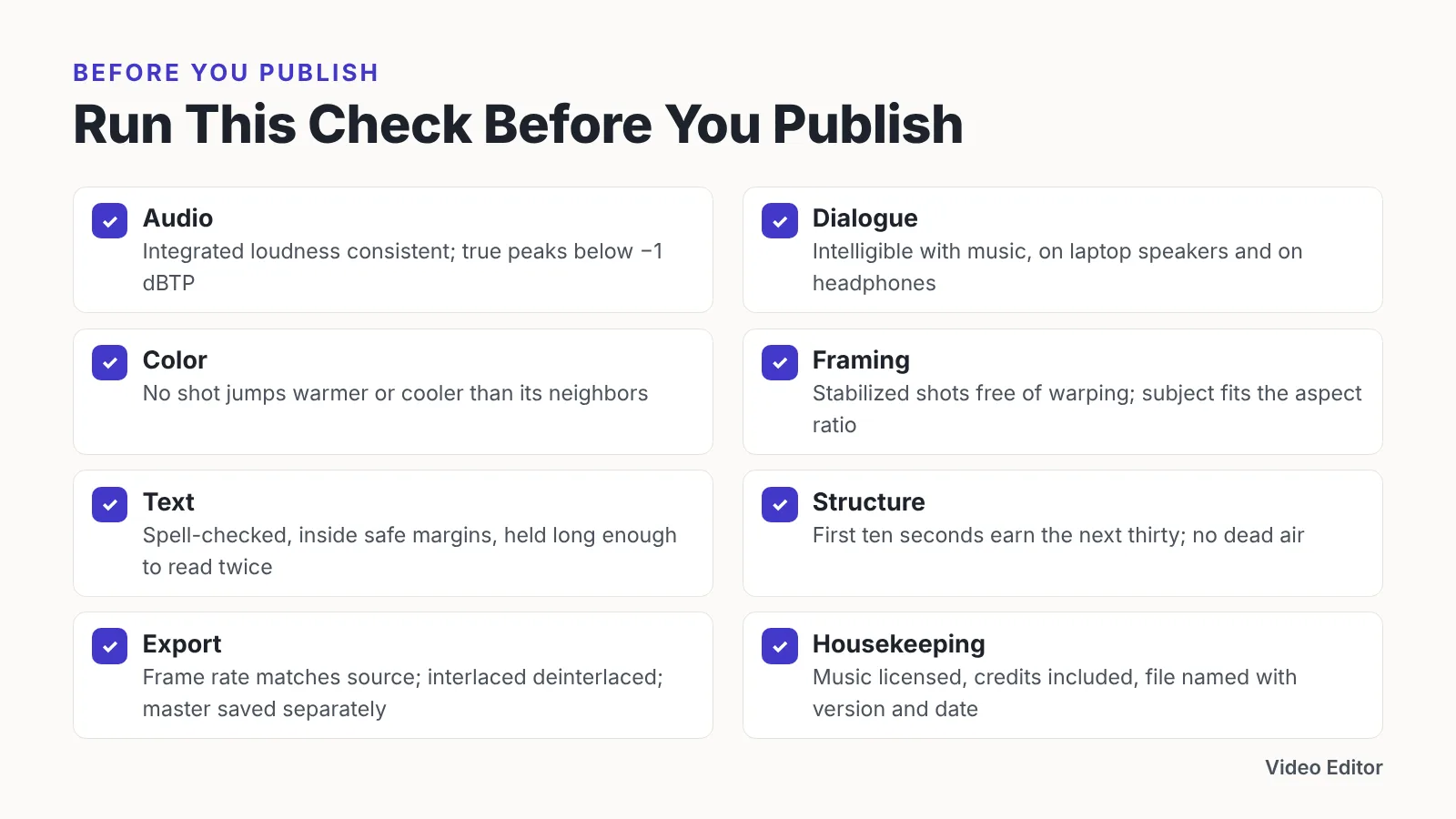 Checklist graphic listing audio, dialogue, color, framing, text, structure, export and housekeeping checks